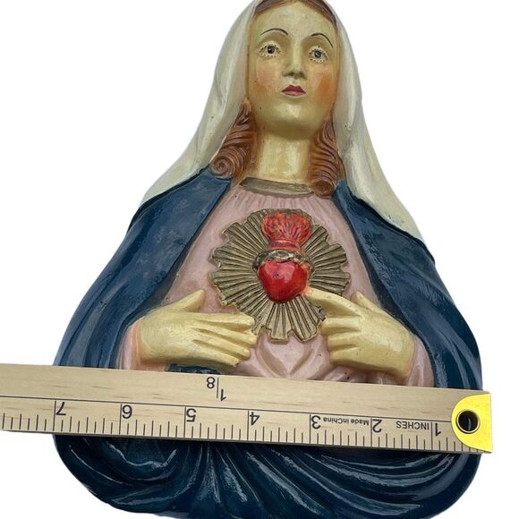 Midcentury Virgin Mary immaculate Heart wall plaque. Chalk-ware Catholic - Picture 2 of 4